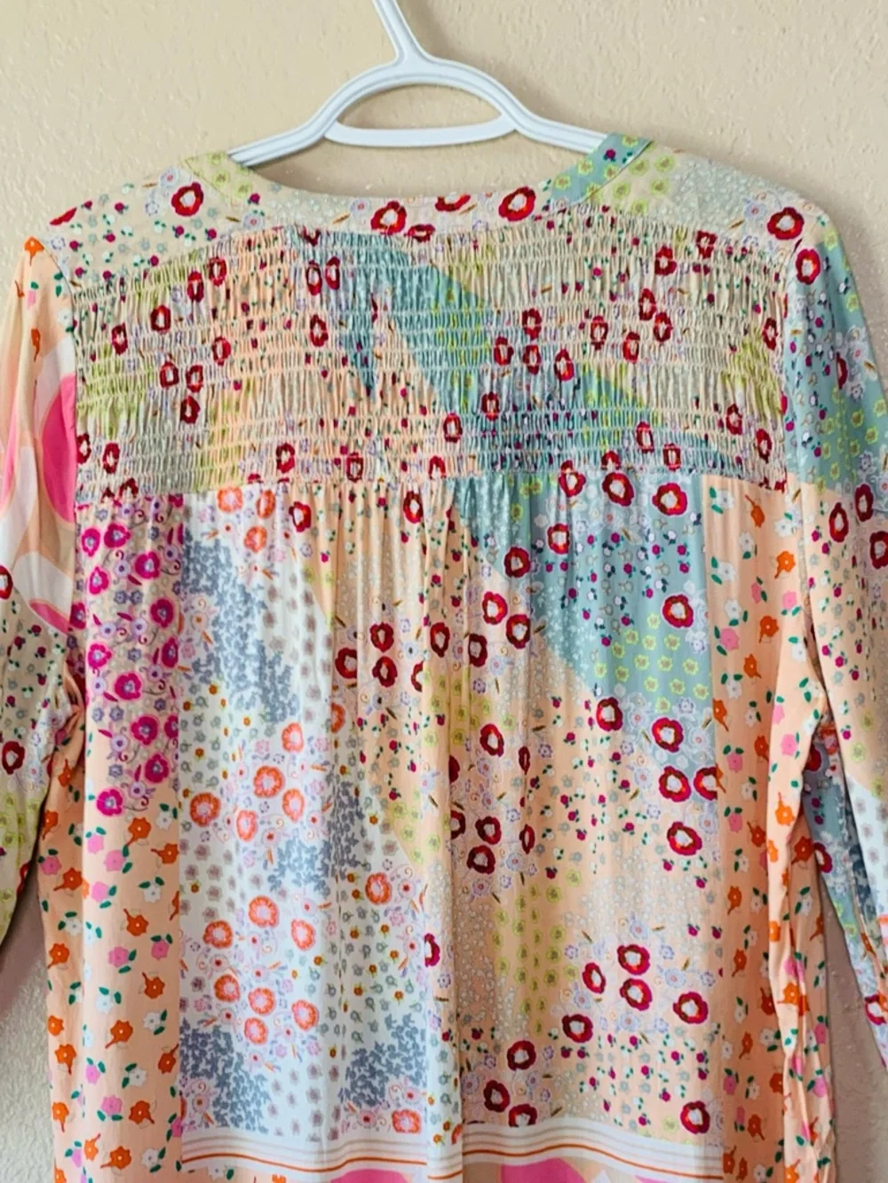 Rose & Olive Floral Mixed Media Smocked Cottagecore Boho Blouse Size L - Picture 6 of 8
